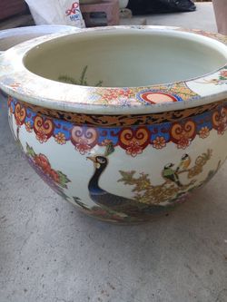 Large Chinese Porcelain Fish Bowl Planter 9.25"x2.5"