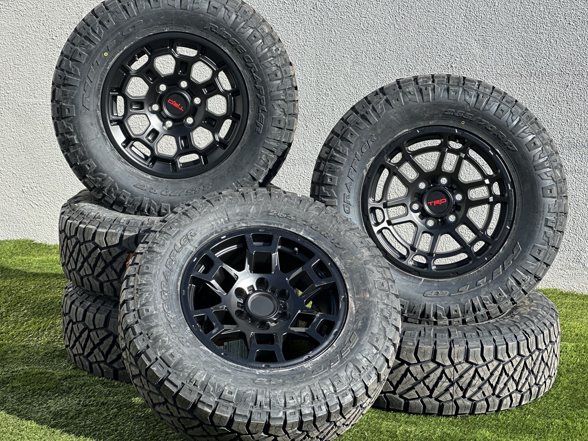 Black 17” Toyota TRD Pro Style wheels 6x5.5 Tacoma Rims 4Runner A/T Nitto Tires 265/70R17 FJ Cruiser Tundra Sequoia