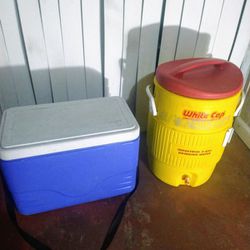 2 plastic coolers:

1. Blue Coleman 25 quart capacity with shoulder strap

2. Yellow igloo 5 gallon capacity

$25 each. $50 for both