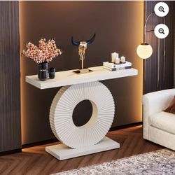 NEW 40" Modern Console Table with Geometric Base, Wood Entryway Table for Living Room, White