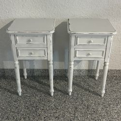 2 Distressed, White End Tables With Drawers