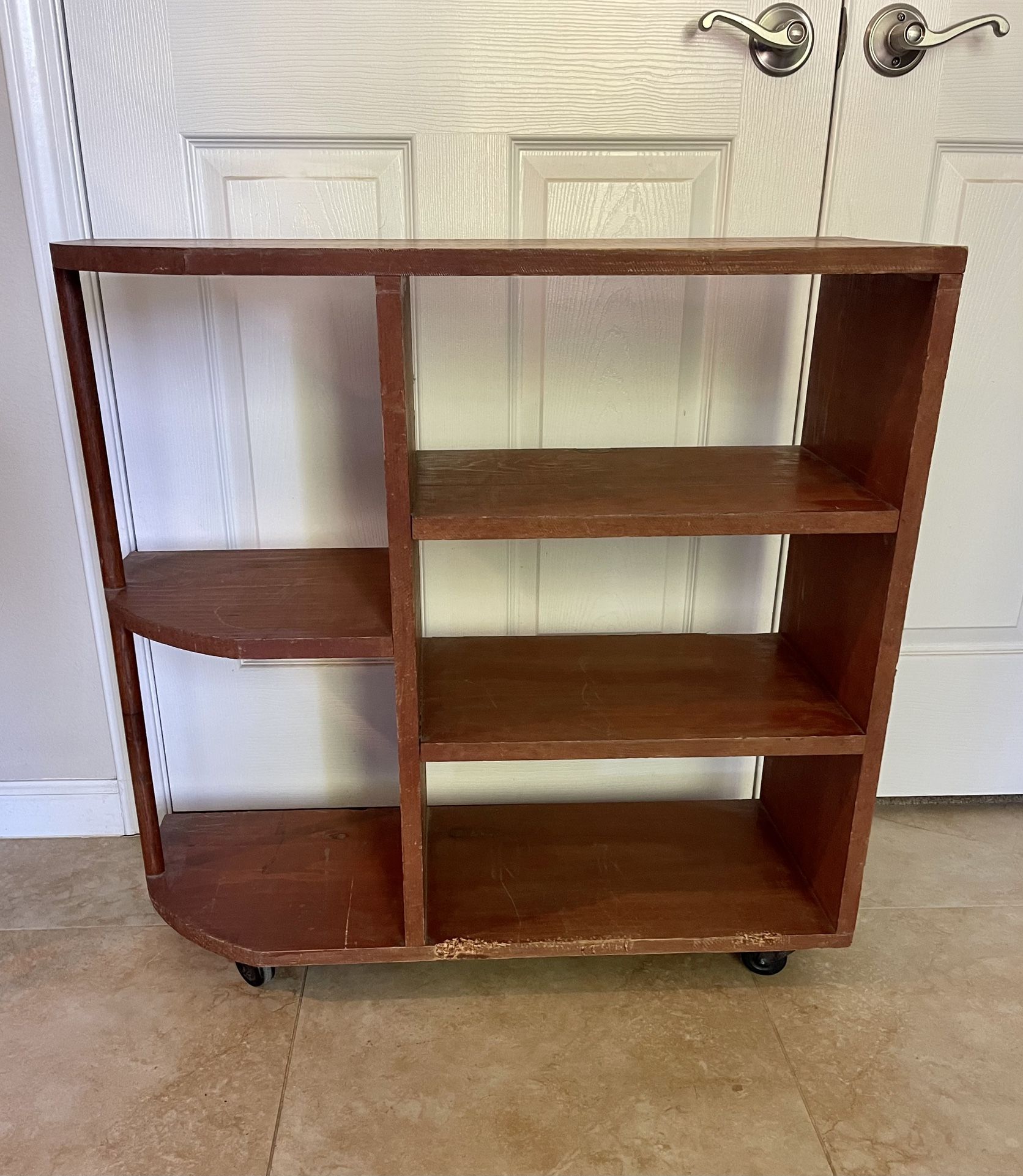 Antique Vintage Retro Solid Wood Accent Table Curved Corner Side Shelf Bookshelf On Wheels