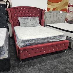 Brand New Stock Burgundy Velvet Queen Size Platform Bed Frame Special