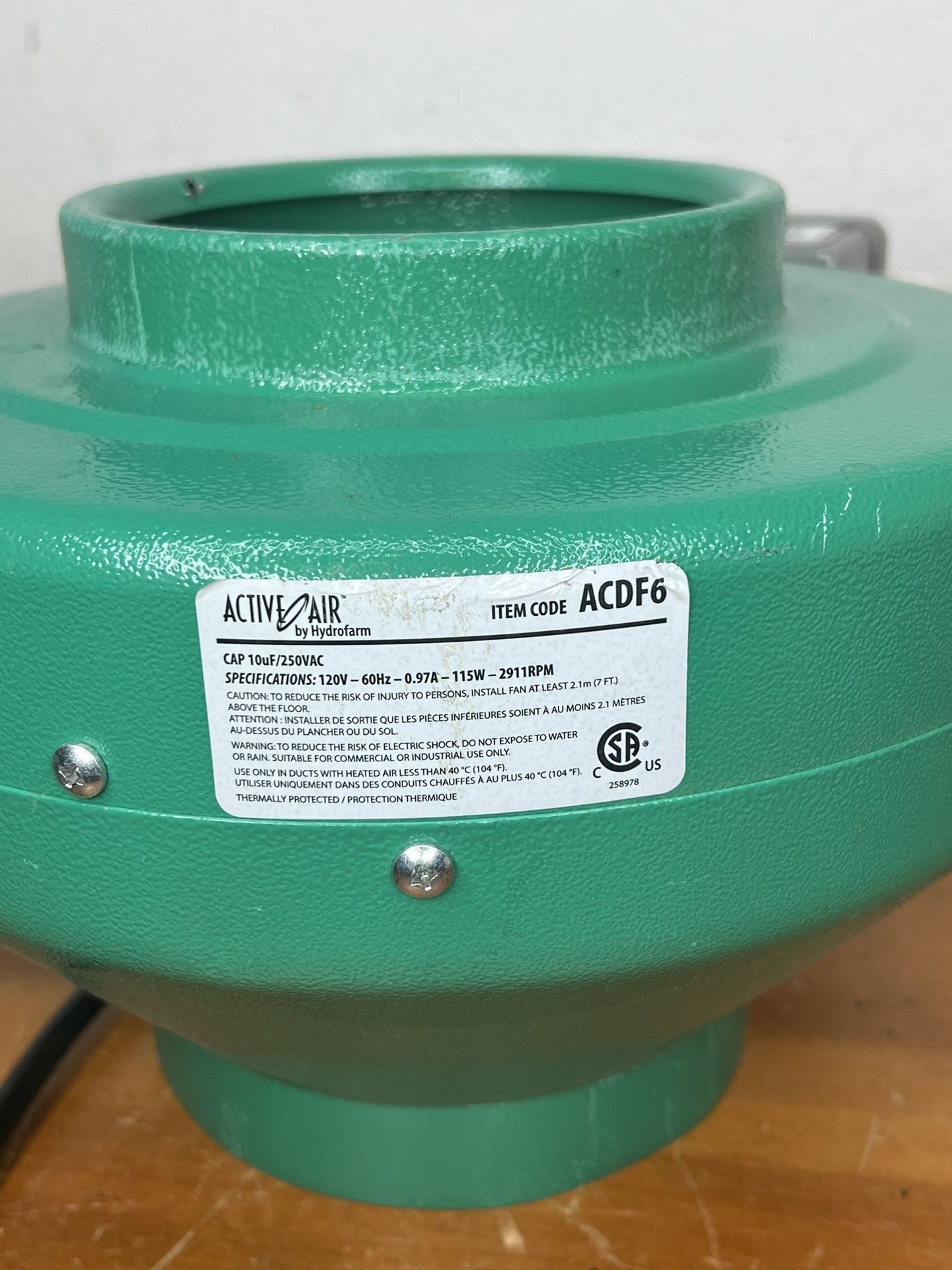 Hydro Farm Vent Air Flow Fan Vacuum