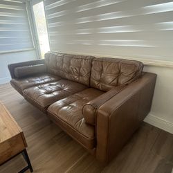 Mid-Century Style Genuine Leather Sofa – Cognac Brown (Excellent Condition) 