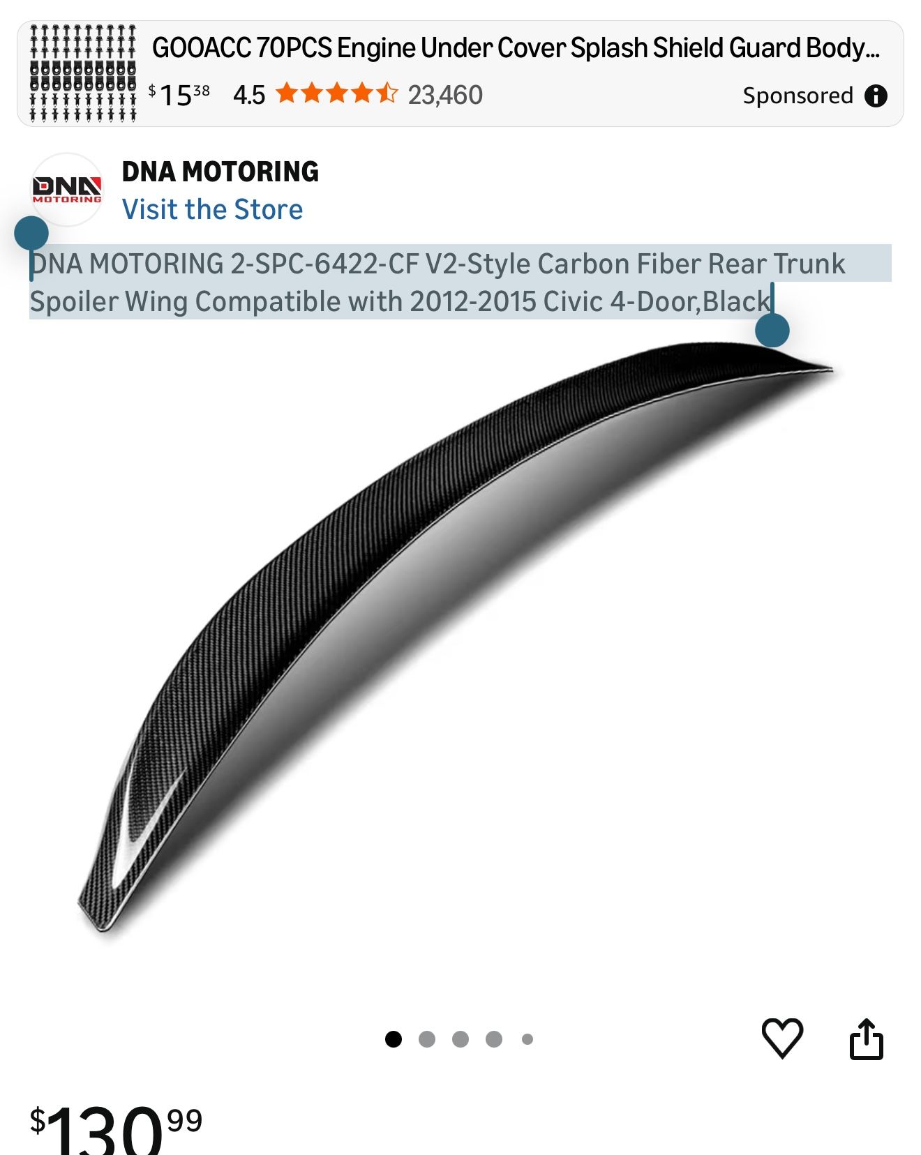 New in box DNA MOTORING 2-SPC-6422-CF V2-Style Carbon Fiber Rear Trunk Spoiler Wing Compatible with 2012-2015 Civic 4-Door,Black