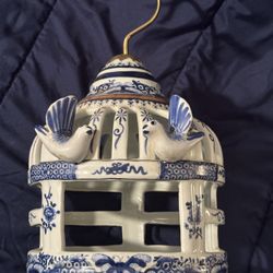 Oriental Accent Rare Blue And White Porcelain Bird Cage