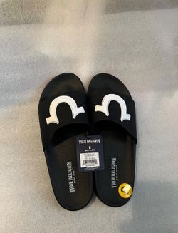 True Religion Men's Black & White Logo Slides Size 8