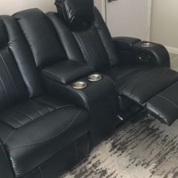 Black Leather Theater Loveseat (New)