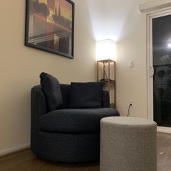 Crate & Barrel Tillie Swivel Chair in Darius Navy + FREE Blu Dot Footstool