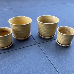 4 Yellow Ceramic Pots, (2) 8 inches + (2) 6 Inches
