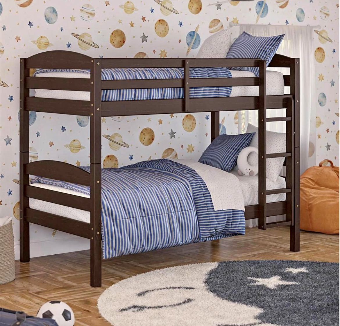 Solid Wood Twin-over-Twin Convertible Bunk Bed, Mocha