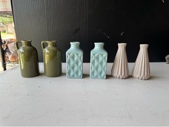 6 Mini Ceramic Bud Vases, green, blue, beige, 6 minijarrones cerámica flores, verde, azul, beige