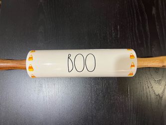 RAE DUNN "Boo" Halloween 19" White Ceramic Candy Corn Rolling Pin *New