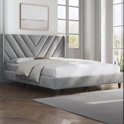 Full size bed frame / gray bed frame / platform bedframe no box spring needed/ upholstered bed frame
