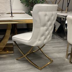 4 Chairs - White Velvet With Gold Base & Tufted Back