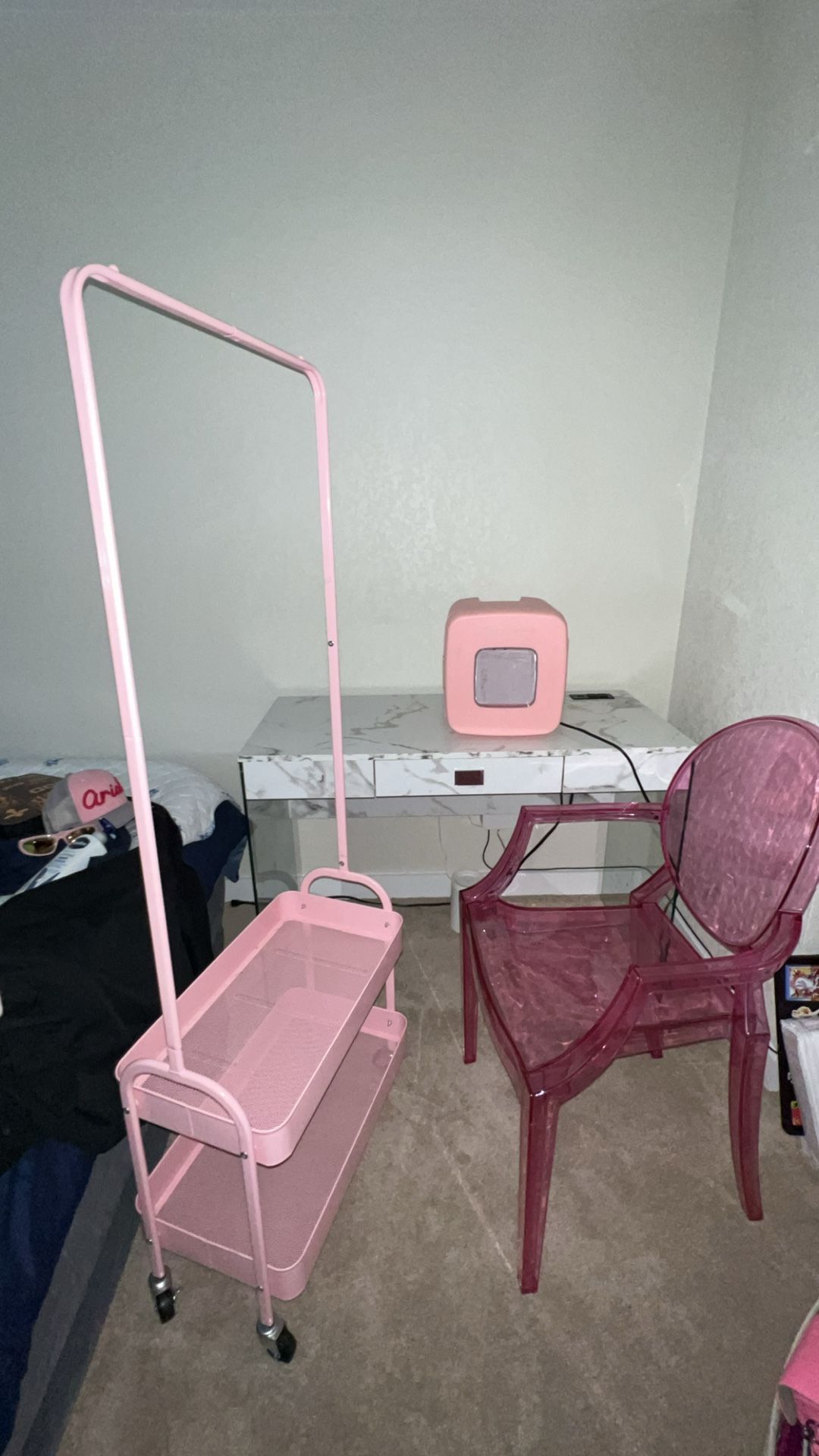 Desk, Chair, Rack, Mini Fridge