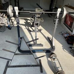 Weight Bench With Bar And Weights, Plate Tree, & Curl & Tricep Bar