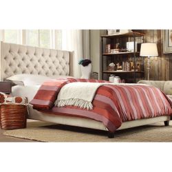 Beige Upholstered Wingback Bed + Box Spring + Mattress (Costco) 
