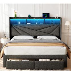 King Size Bed Frame, Upholstered King Bed Frame with 2 Storage Drawers, 2-Tier Headboard, Charging Station & LED Lights, No Box Spring Needed - Dark G