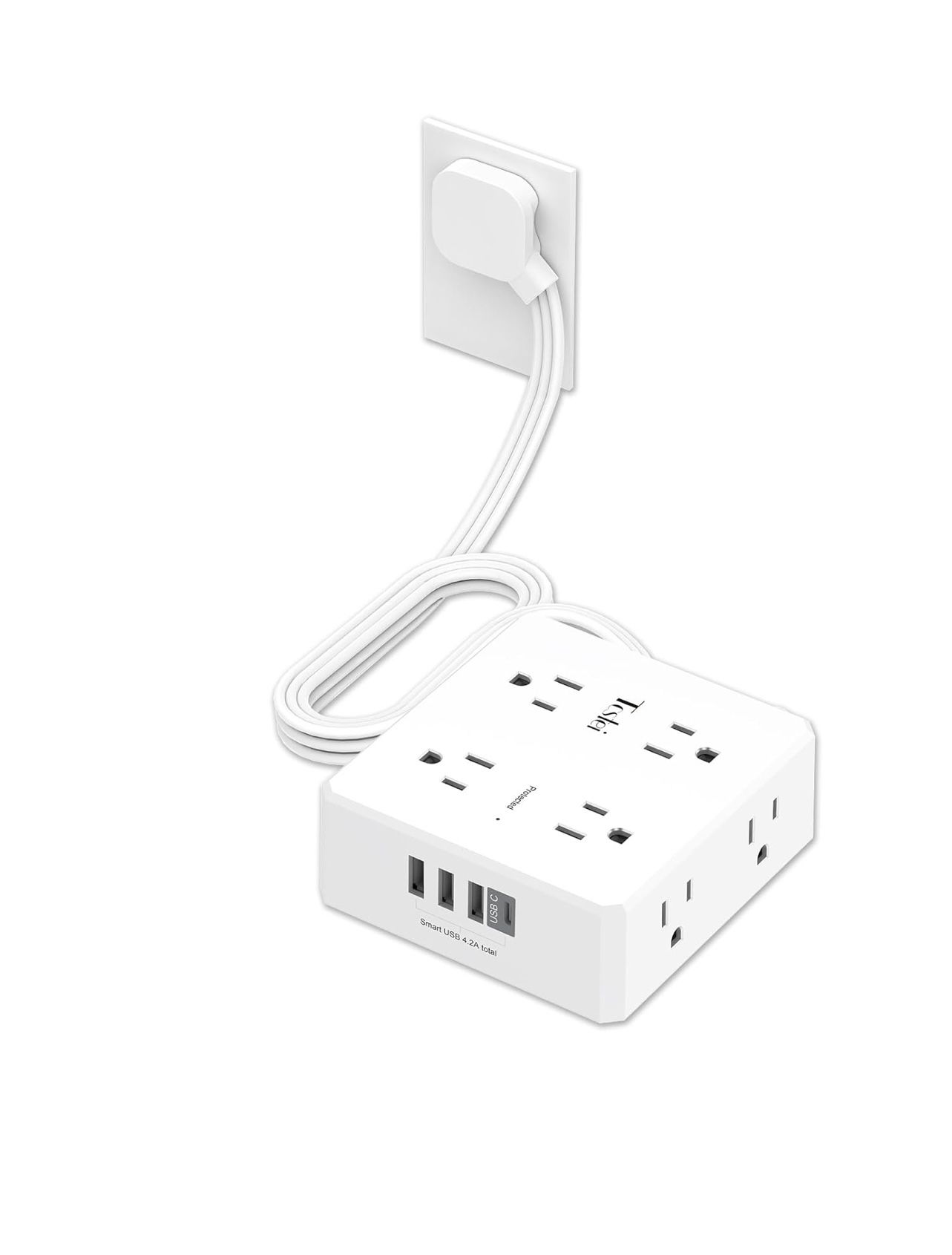 Tcstei 6 Ft Flat Extension Cord, Tcstei Ultra-Thin Flat Plug Surge Protector Power Strip, 3-Sided Outlet Extender, 8 AC Outlets and 4 USB Ports(1 USB 