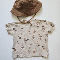 Baby Palm-Print Tee in Cream w/ Bucket Hat Sz 6M