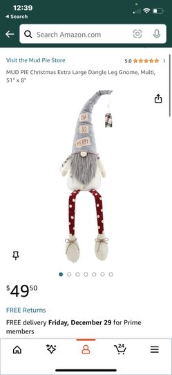 MUD PIE Christmas Extra Large Dangle Leg Gnome, Multi, 51" x 8"