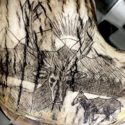 HUGE Vintage scrimshaw Elk Horn Pipe Handmade By Dennie Ibbotson Laughing Sun