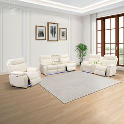 3pc White Leather Living Room Recliner Intelligent Sofa Set
