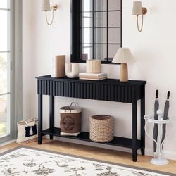 Modern Fluted Console Table, Narrow Long Behind Couch Sofa Entryway Table with 3 Drawers & 1-Tier Open Shelf, Black