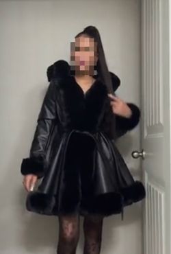 Black Faux Leather Fur-Trim Flared Coat size L