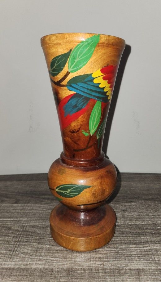 Vintage Hand Painted 10 3/8" Wood Vase Featuring A Parrot Design