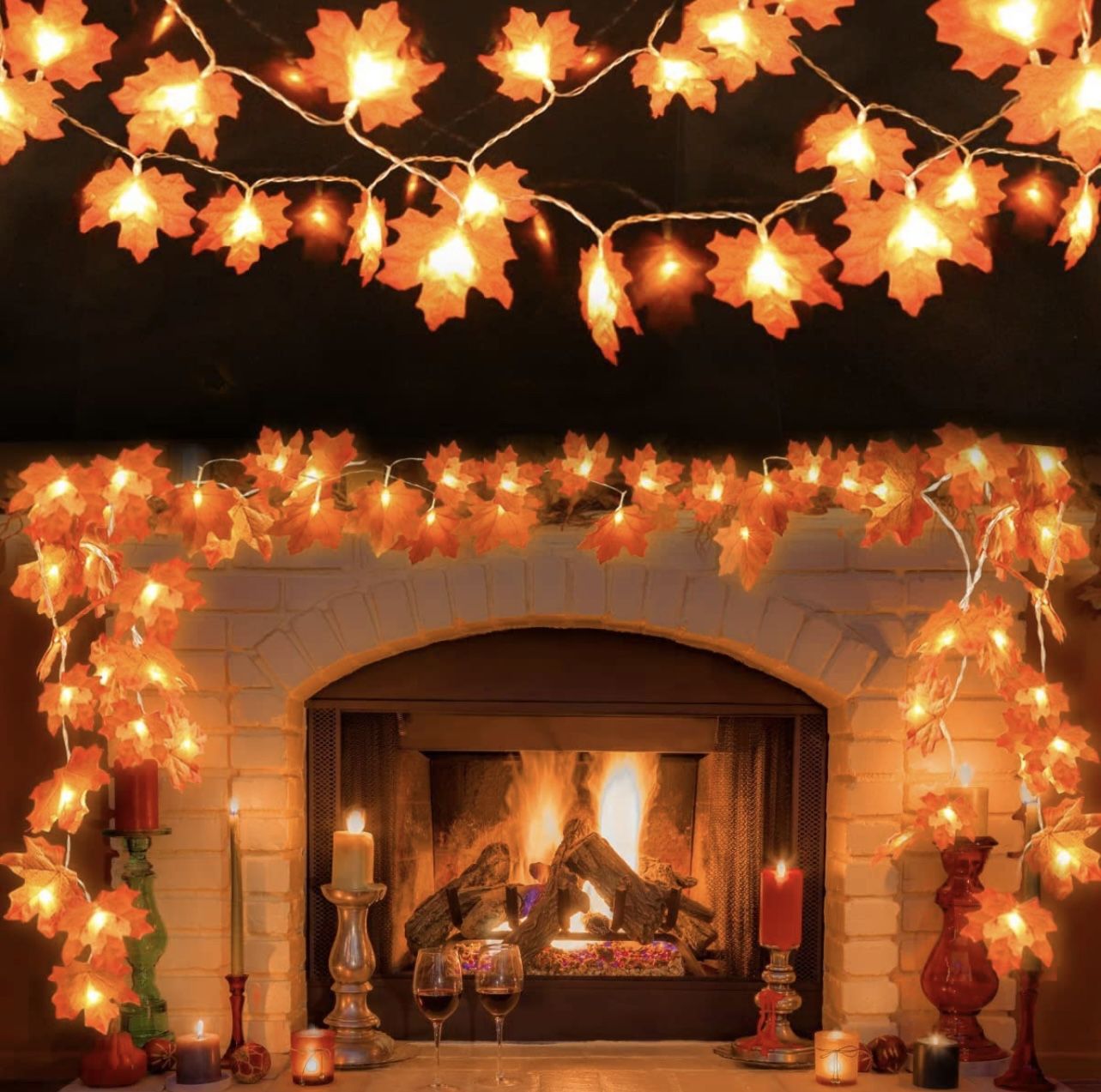 2Pack Fall Decor Garland for Home, Total 20Ft 40LED Fall String Lights Maple Leaf