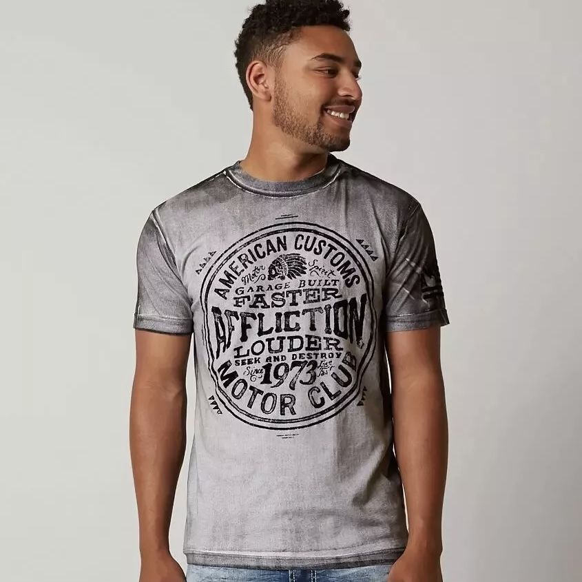 AFFLICTION Mens Grey Black Skull American Customs Motor Club Skater Graphic Tee