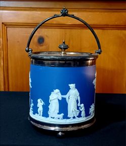 Antique WEDGWOOD Portland Blue Jasperware Cookie Biscuit Barrel Jar Ice Bucket w/ Lid
