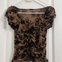 Brown Sheer Ruched Top with Black Floral Velvet Flocking