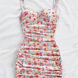 Soleia Floral Print Ruched Cami Satin Bodycon Dress Womens Sz Small