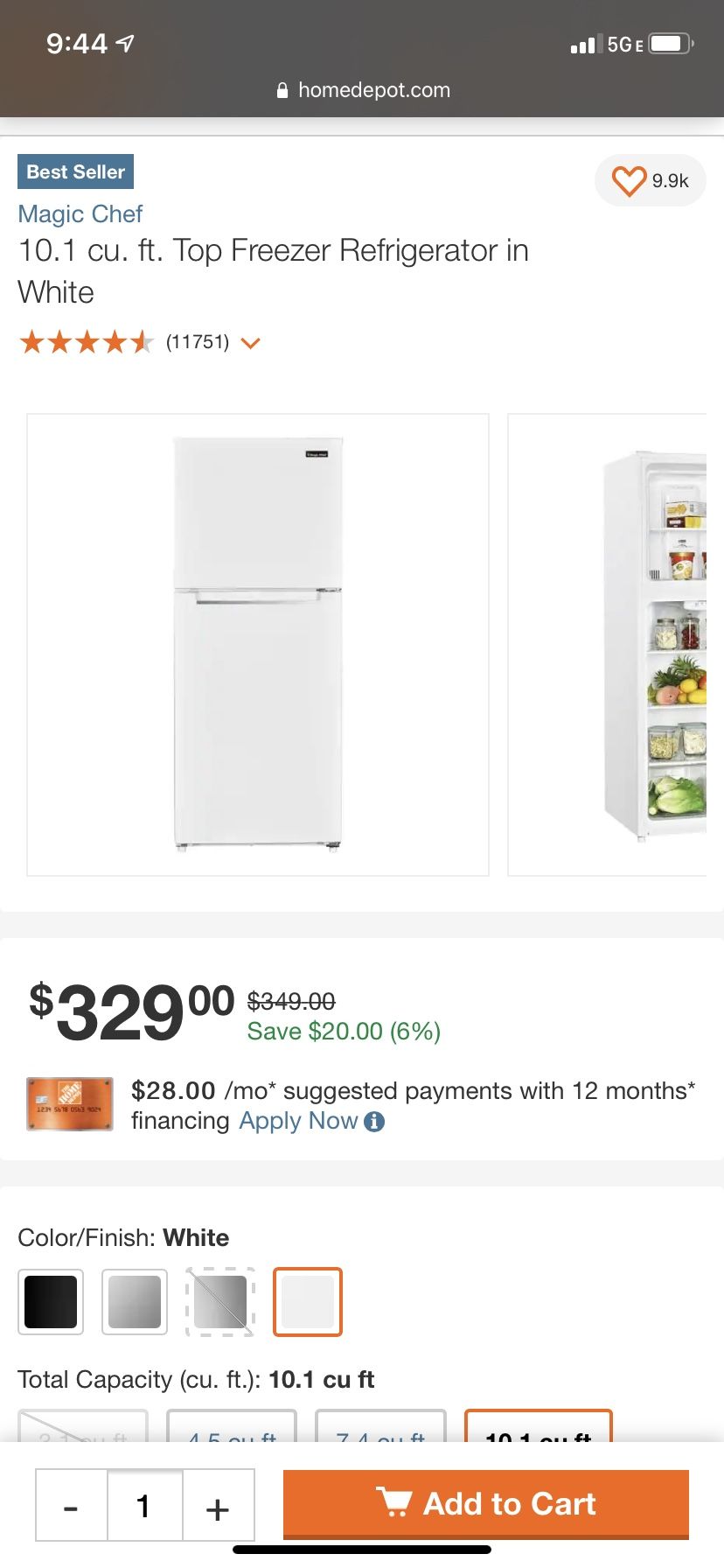 Magic Chef 10.1 CU FT Refrigerator