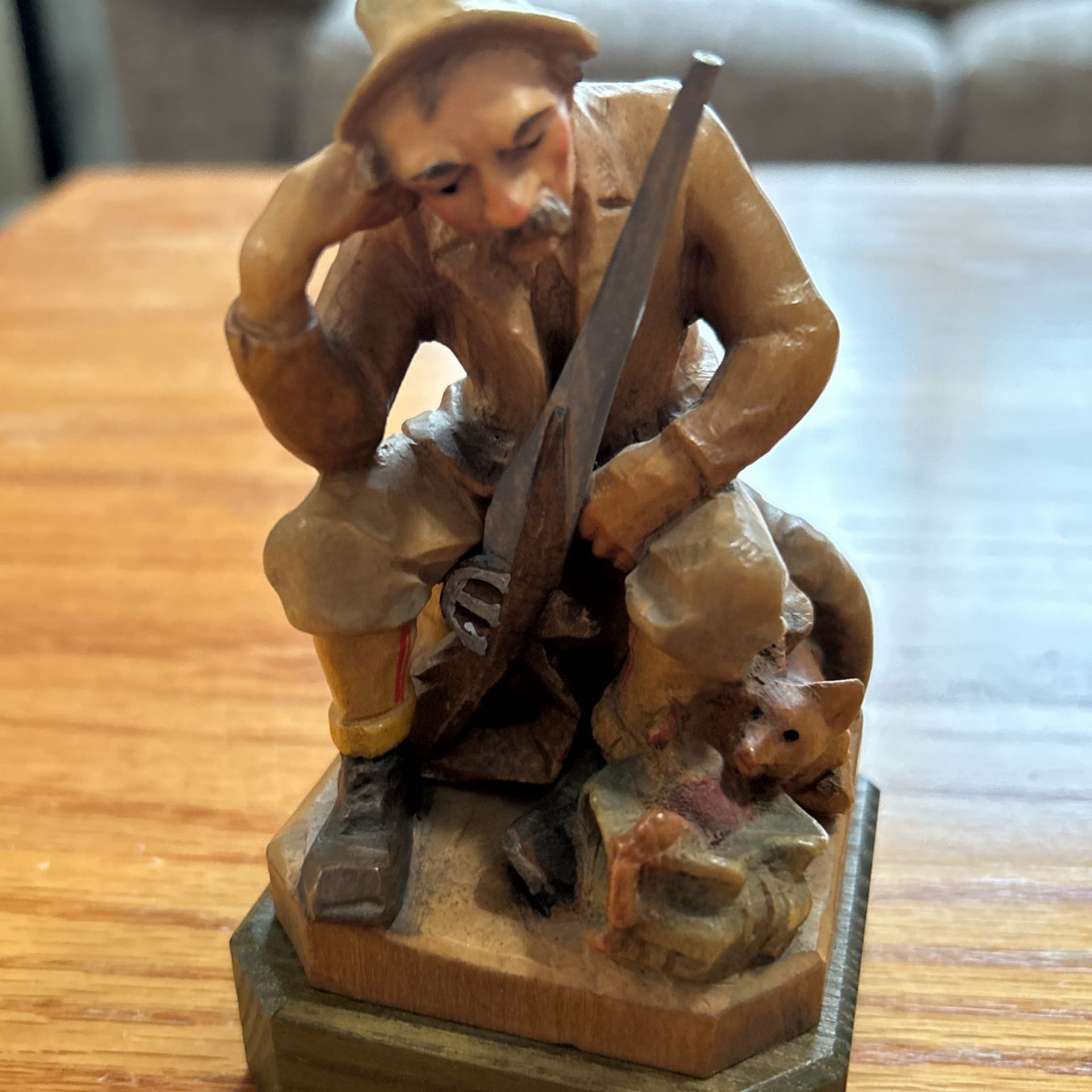 Vintage Carved Wooden Statue Of Man With Riffle & His Dog  