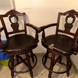 Solid Wood Swivel Bar Stools – Vintage Carved Design (Set of 2)