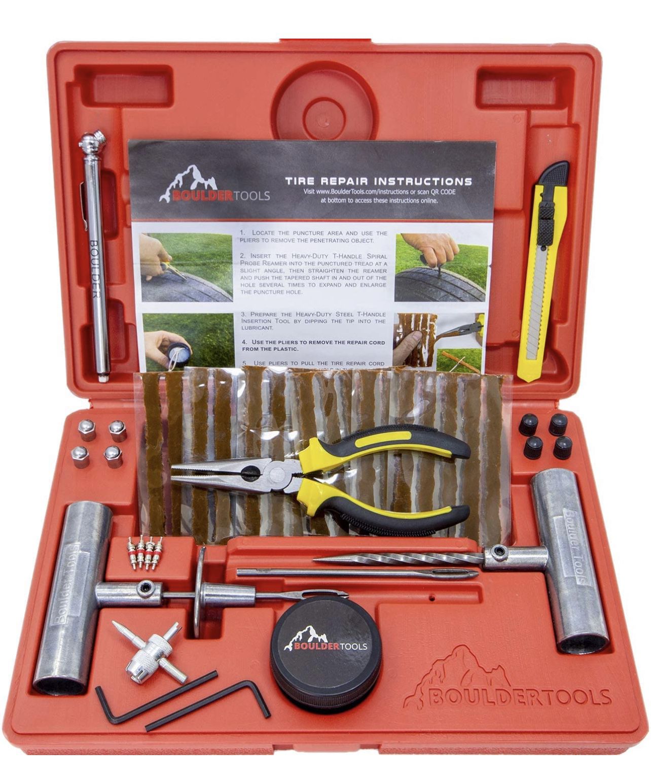 Boulder Tools - Heavy Duty Tire Repair Kit for Car, Truck, RV, SUV, ATV, Motorcycle, Tractor, Trailer. Flat Tire Puncture Repair Kit