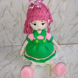 Pink, Green Crocheted Doll 
