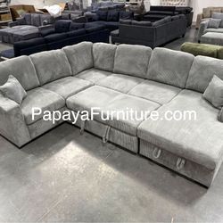 New! 120” Large Corduroy Sectional, Corduroy Couch, Sectional With Pull-out Bed, Sofa And Storage Chaise With USB Charging Ports, Light Grey Couch