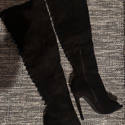 Women's Black Thigh High Open Toe Boots Zippered Lace Up