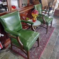 Pair Of Green Leather Hobnail Vintage Arm Chairs.