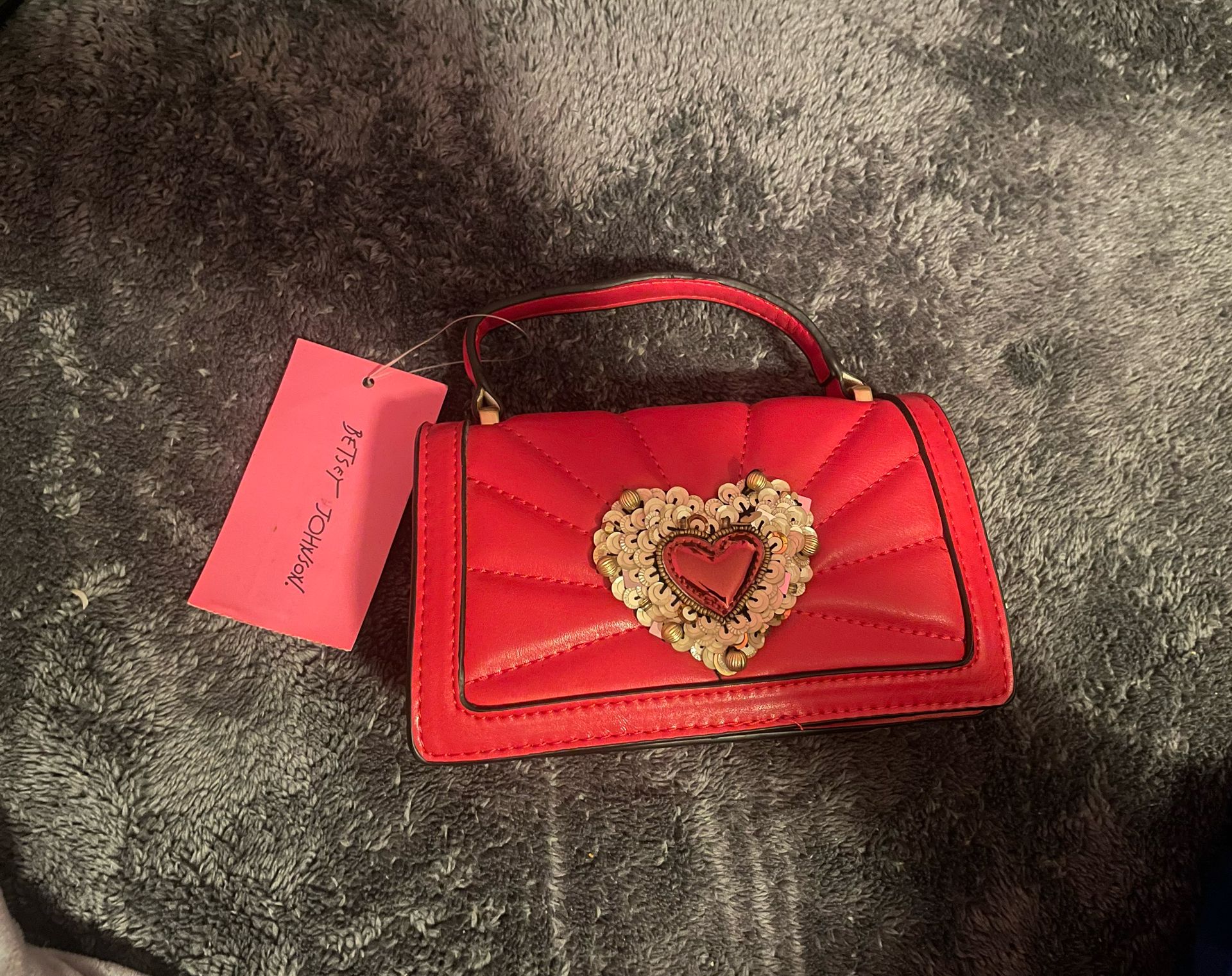 Betsey Johnson Faux Leather Bag with sequin Heart on the chain