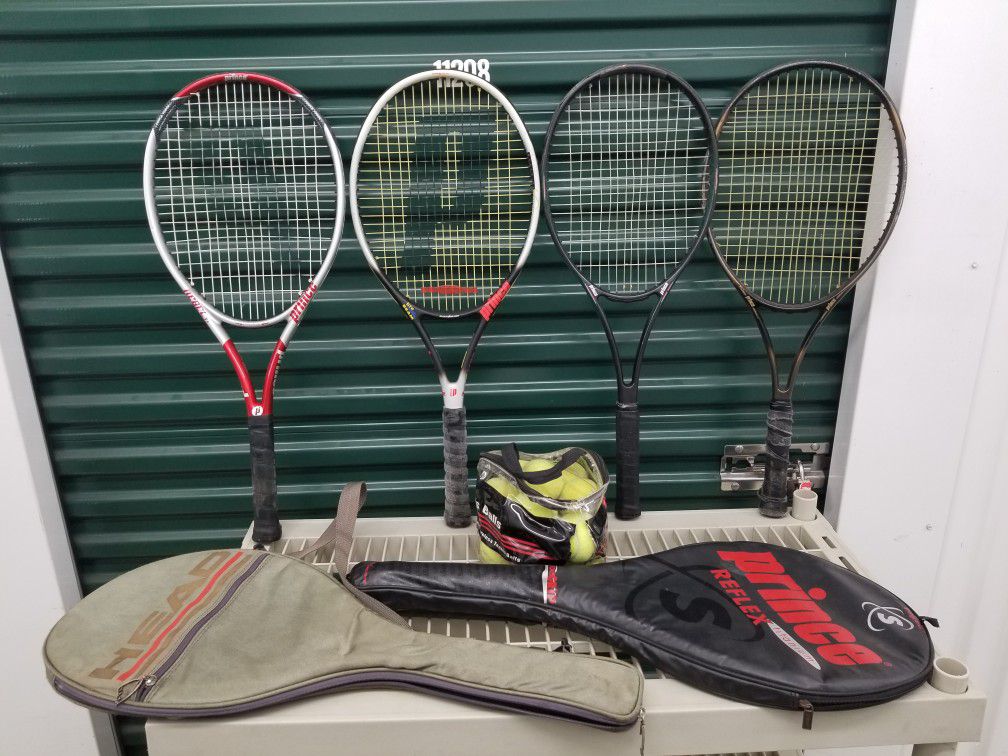 Tennis Rackets 4Pcs ( Prince ) + Balls & 2 Racket cases.