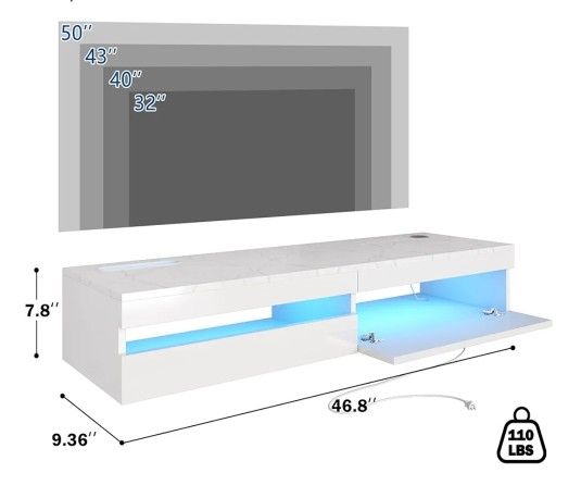 Floating TV Stand - 47'' Floating Entertainment Center with LED Light & Charging Station, Floating TV Shelf with Storage for Small Spaces Apartments,