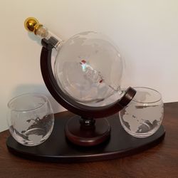 Whiskey Globe Decanter / Glass Set With Wood Stand