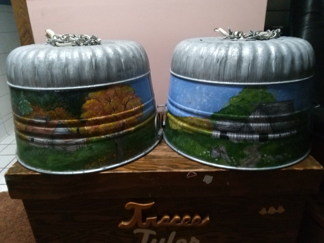 2 Vintage Galvanized Painted Hanging Light